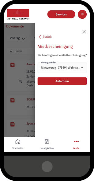 Ansicht Kundenportal Mietbescheinigung