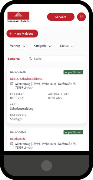 Ansicht Kundenportal Meldung