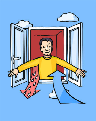 Ein Mann schaut aus dem Fenster, zwei Pfeile signalisieren die hereinströmende frische Luft und die austretende warme Luft mit Feuchtigkeit