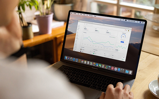 Dekoratives Bild mit Laptop, auf dem Diagramme gezeigt werden